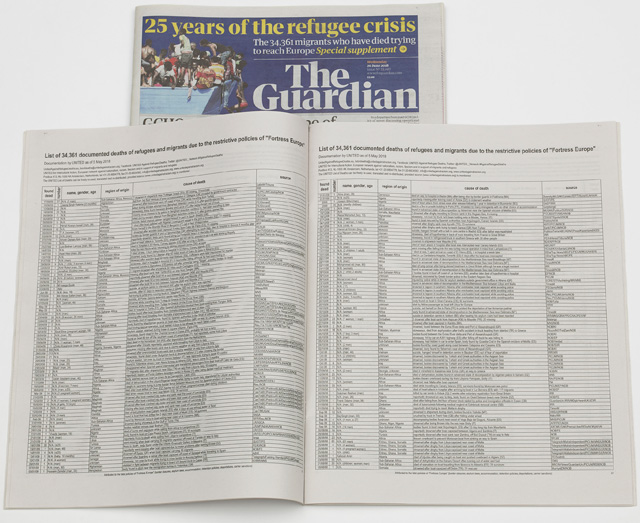 List of 34,361 documented deaths of refugees and migrants due to the restrictive policies of Fortress Europe. Documentation as of May 5, 2018 by UNITED for Intercultural Action. This edition of The List is produced by Chisenhale Gallery and Liverpool Biennial, and printed and distributed by The Guardian on World Refugee Day, 20 June 2018. Copies of the newspaper with the 64-page supplement are available at Chisenhale Gallery (28 June–26 August 2018) and Liverpool Biennial (14 July–28 October 2018).