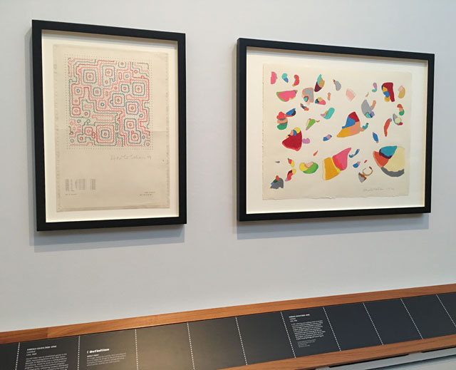 Two drawings by Harold Cohen (1928-2016). Gallery view, Chance and Control: Art in the Age of Computers, V&A, London 2018. Photograph: Catherine Mason.