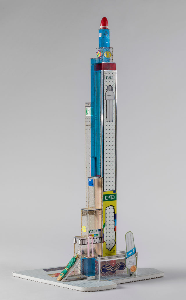 Bodys Isek Kingelez. Nippon Tower, 2005. Paper, paperboard, plastic, and other various materials, 26 3/8in × 13 3/8in × 8 11/16in (67 × 34 × 22 cm), irreg. Courtesy Aeroplastics Contemporary, Brussels. Vincent Everarts Photography Brussels.