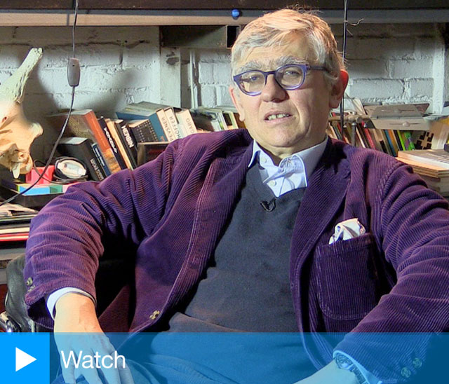 Miguel Chevalier talking to Studio International in his Paris studio, February 2018. Photograph: Martin Kennedy.