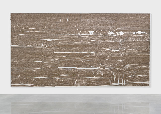 Dan Colen. A Little Wooden Ship, 2015. Steel studs on canvas, 106 x 200 in (269.2 x 508 cm). Photographed: Prudence Cuming Associates. Copyright Dan Colen.