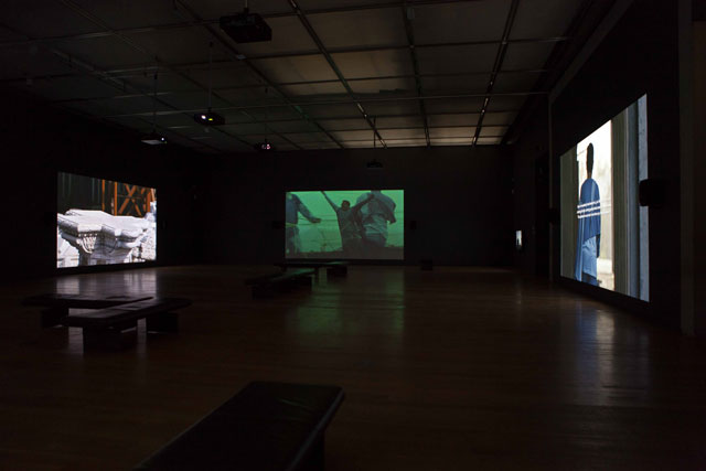 Neha Choksi. Faith in friction, 2017. 7-channel 4K video installation transferred to HD, each channel with stereo sound, 36 min loop. As installed at the Manchester Art Gallery. Photograph: Neha Choksi. Courtesy the artist and Project 88.