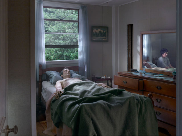 Gregory Crewdson. Father and Son, 2013. Digital pigment print, 37 ½ × 50 in (95.25 × 127 cm). © Gregory Crewdson. Courtesy Gagosian Gallery.