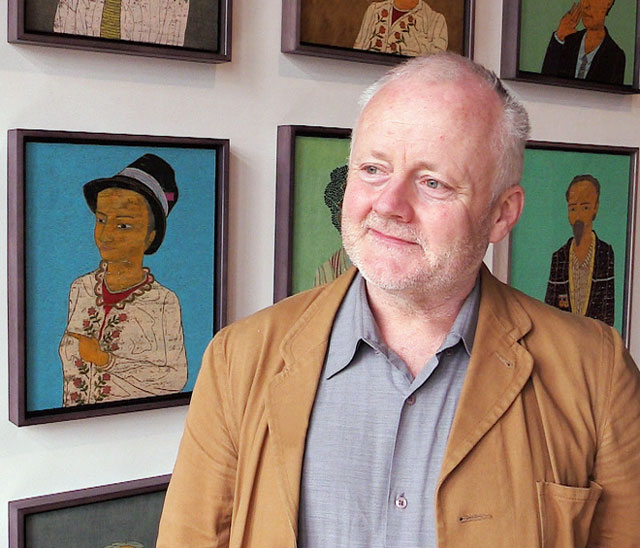 Stephen Chambers talking to Studio International at the opening of The Court of Redonda, Venice, 2017. Photograph: Martin Kennedy.