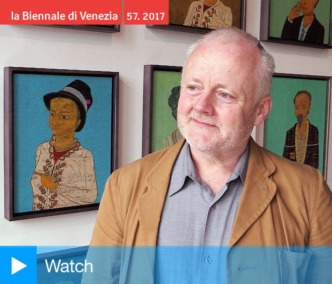 Stephen Chambers talking to Studio International at the opening of The Court of Redonda, Venice, 2017. Photograph: Martin Kennedy.