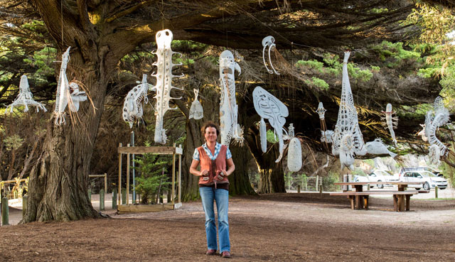 Jenny Crompton. Sea Country Spirits, 2016. Lorne Sculpture Biennale. Recycled copper wire, shells, feathers, roo bones, grass tree fronds and paint.