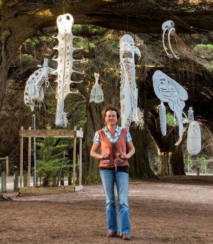 Jenny Crompton. Sea Country Spirits, 2016. Lorne Sculpture Biennale. Recycled copper wire, shells, feathers, roo bones, grass tree fronds and paint.