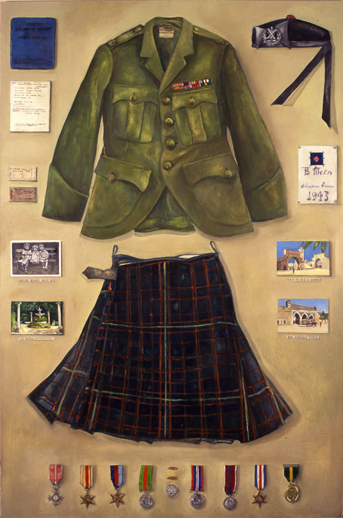Joyce Cairns. Father’s Memorabilia, Tunisia. 1995. Oil on panel, 183 x 122cm. Collection of Edinburgh City Museums (The Scottish Army Museum, Edinburgh Castle).