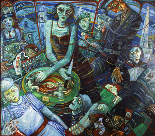 Joyce Cairns. They Said the War was partly to blame, 1986. Oil on panels, 213 x 244 cm.