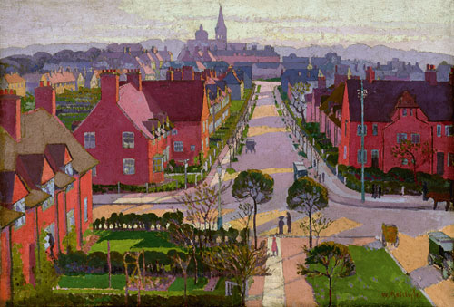 William Ratcliffe. <em>Hampstead Garden Suburb from Willifield Way,</em> c. 1914. Oil on canvas,  510 x 763 mm. Tate Presented by Tate Members 2006. © The estate of William Ratcliffe