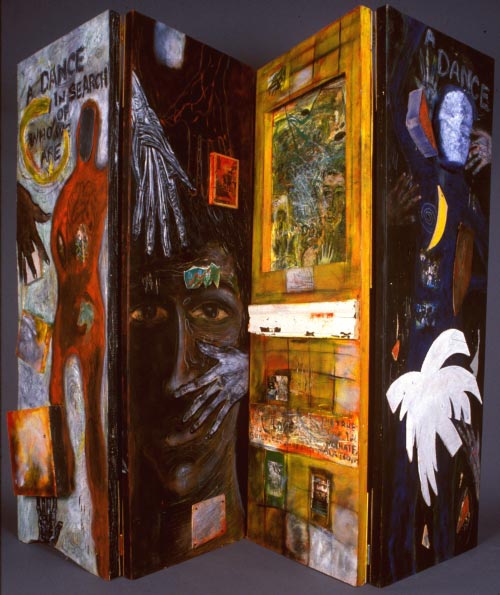 <em>A Dance In Search Of Who We Are</em>, 1996. 12‚ W. x 6‚ H. Acrylic, oil, collage, xerox, metal on wood screen © Carlos Ortiz