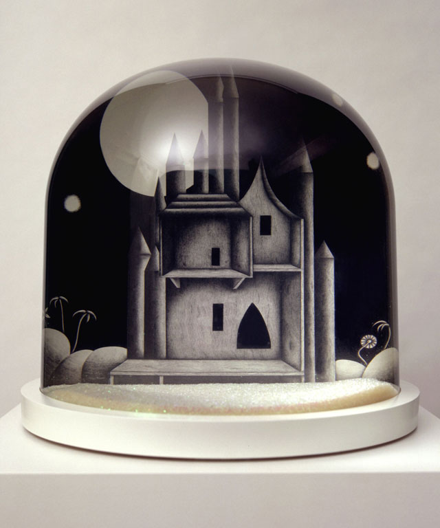 Sarah Woodfine. Castle, 2005. Pencil on paper in snow dome, 38 x 38 cm. Courtesy the artist and Danielle Arnaud.