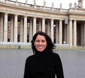 Film-maker Raquel Cecilia in front of St Peter's Basilica during production in Rome, January 2013.