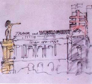 Traum und Wirklichkeit: The original concept drawing by Hans Hollein. The figure on the left of the Kunstlerhaus facade is based on 'Medizin' by Klimt and the representation on the right is a model based on the Karl Marx Hof housing