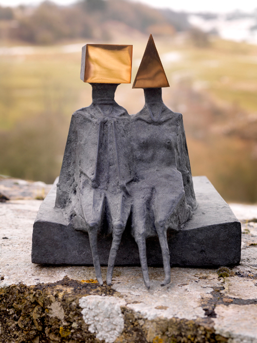 Lynn Chadwick. <em>Sitting Couple on Base II</em>, 1972. Bronze, height: 11 inches (28 cm). Edition 3 of 6. Courtesy Beaux Arts, London.