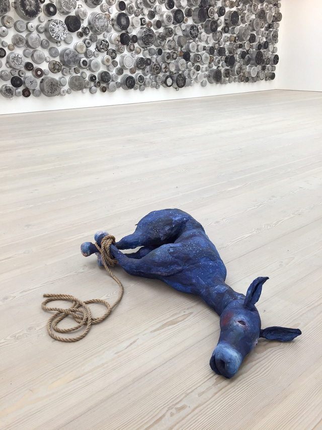 Mia Feuer. Jerusalem Donkey, 2015. Papier-mâché, pigments, rope, 177.8 x 101.6 x 30.48 cm. Photograph: Martin Kennedy.