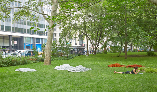 Alice Channer. R o c k f a l l, 2015. Cast aluminium; cast COR-TEN steel; cast concrete, H55 x W305 x D1730 cm. Installed at City Hall Park, New York, US. Work courtesy: Aïshti Foundation, Beirut, LB. Image courtesy: Public Art Fund, NY.