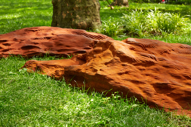 Alice Channer. R o c k f a l l, 2015. Cast aluminium; cast COR-TEN steel; cast concrete, H55 x W305 x D1730 cm. Installed at City Hall Park, New York, US. Work courtesy: Aïshti Foundation, Beirut, LB. Image courtesy: Public Art Fund, NY.