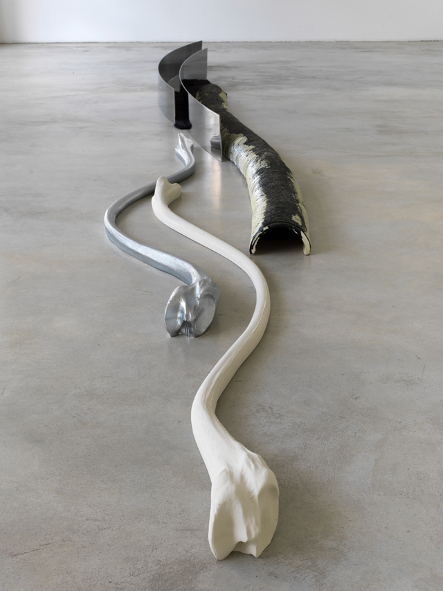 Alice Channer. First Rebirth, 2016 (detail). Fired and glazed ceramic; rolled and mirror polished stainless steel; pleather print on rolled and mirror polished stainless steel; cast jesmonite; cast and chromed bronze; accordion pleated Hi-tech Lamé. Installed at Konrad Fischer Galerie, Berlin, DE. Work courtesy: the artist and Konrad Fischer Galerie, DE. Image courtesy: Roman März.