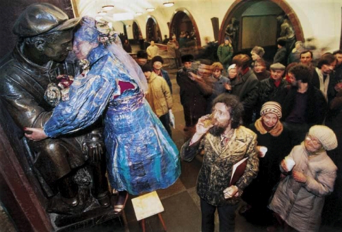 Valera & Natasha Cherkashin. The Underground Wedding, 1993. Performance at the subway station, Revolutionary Square, Moscow.