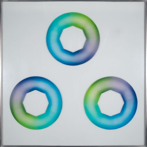 Judy Chicago. Green-Blue Starcunts, 1969. Sprayed acrylic lacquer on acrylic, 27.5 x 27.5 in.