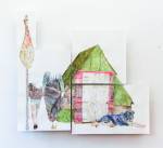 Fernanda Chieco. O cão, o presunto, a casinha, as passantes (The dog, the ham, the little house and the bystanders), Gone Series, 2014. Watercolour on paper in four parts, (ham) 49.5 x 20.5 cm, (house) 70 x 70 cm, (bystanders) 103.2 x 67.5 cm, (dog) 63.4 x 99.7 cm. Photograph: Pedro Victor Brandão.