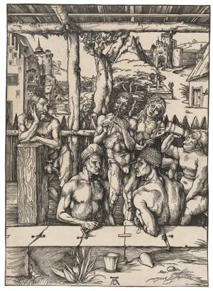 Albrecht Dürer. The Bathhouse, c1496-97. Woodcut on laid paper with an Imperial Orb watermark. Block and sheet: 39 x 28.1 cm.