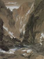  Thomas Moran (American, 1837-1926), <em>Toltec Gorge, Colorado</em>. U.S.A., 1881. Brush and black, brown and blue ink washes, white gouache, graphite on tan wove paper. Gift of Thomas Moran, 1917-17-68. Photo: Matt Flynn