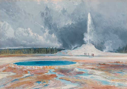 After Thomas Moran (American, 1837-1926),<em> Castle Geyser, Upper Geyser Basin, Yellowstone</em>. U.S.A., published 1874. Chromolithograph on white wove paper. Museum purchase through gift of Louis R. Ehrich, 1941-9-1. Photo: Matt Flynn