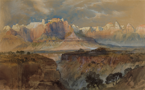 Thomas Moran (American, 1837-1926), <em>Cliffs of the Rio Virgin, South Utah</em>. U.S.A., 1873. Brush and watercolor, white gouache on light-brown wove paper. Gift of Thomas Moran, 1917-17-20. Photo: Matt Flynn