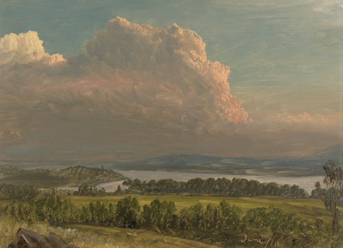 Frederic Edwin Church (American, 1826–1900), <em>Sunset across the Hudson Valley, New York</em>. U.S.A., 1870. Brush and oil paint, graphite on thin cream color paperboard. Gift of Louis P. Church, 1917-4-582-a. Photo: Matt Flynn