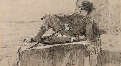 Winslow Homer (American, 1836–1910), <em>Study for Mountain Climber Resting</em>. U.S.A., 1868–69. Black and white crayon on brown laid paper. Gift of Charles Savage Homer, Jr., 1912-12-98. Photo: Matt Flynn 