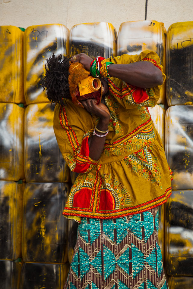 Serge Attukwei Clottey and Serge Attukwei Clottey and GoLokal. My Mother's Wardrobe, performance at Gallery 1957, 6 March 2016. Courtesy the artist and Gallery 1957. Photograph: Nii Odzenma.