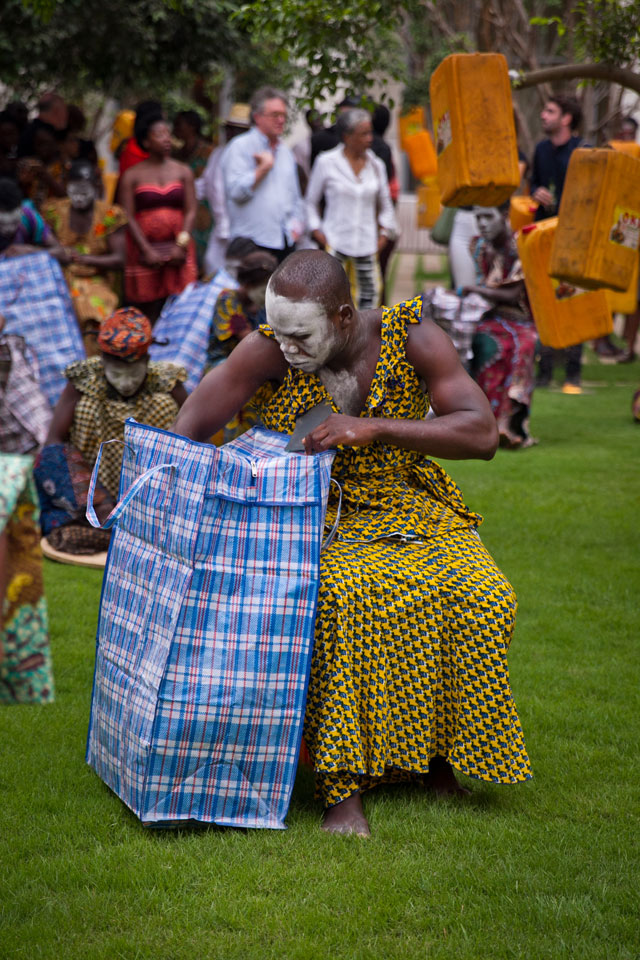 Serge Attukwei Clottey and Serge Attukwei Clottey and GoLokal. My Mother's Wardrobe, performance at Gallery 1957, 6 March 2016. Courtesy the artist and Gallery 1957. Photograph: Nii Odzenma.