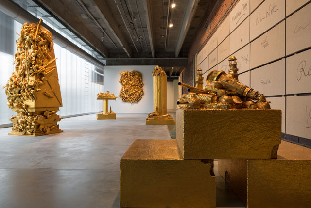 John Miller. A Bridge of Tradition (Group 1), 2009.  Imitation gold leaf, assorted objects, fibreglass,  90 x 70 x 80 cm, 152 x 85 x 120 cm, 77 x 61 x 31 cm, 95 x 92 x 199 cm, 77 x 61 x 31 cm, 100 x 98 x 157 cm.  Private collection, Moscow.  Courtesy Gallery Gary Tatinsian, Moscow.