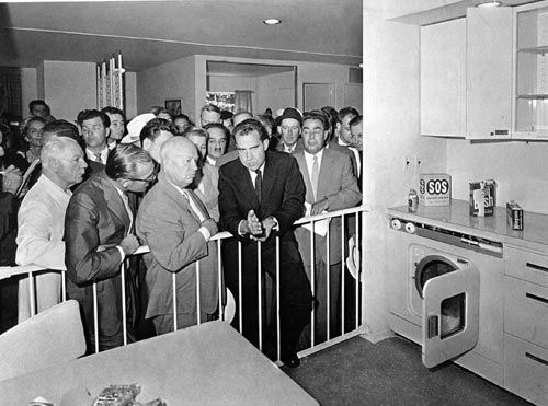 Vice-president Richard Nixon with USSR First Secretary Nikita Khrushchev during the 'Kitchen debate' at the American National Exhibition, Moscow, 1959 © PA Photos/AP