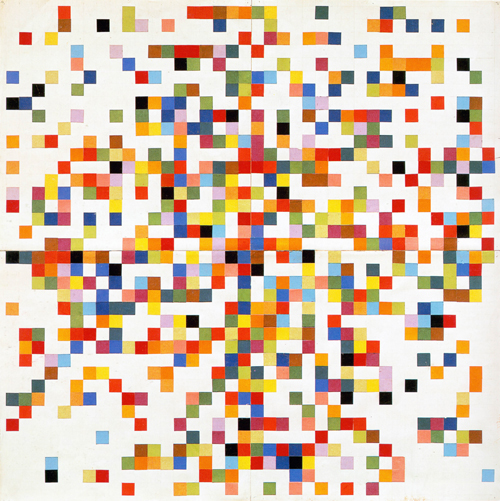 Ellsworth Kelly. 
        <em>Spectrum Colours Arranged by Chance II</em>, 1951. 
Cut-and-pasted colour-coated paper and pencil on four sheets of paper, 38 1/4 x 38 1/4