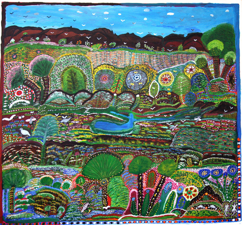 Gertie Huddleston. <em>Ngukurr Landscape with Cycads,</em> 1997. Synthetic polymer paint on canvas, 143 x 134 cm. Museum and Art Gallery of the Northern Territory Collection. Purchased through the Shell Development Australia Aboriginal Art Acquisition Fund.
