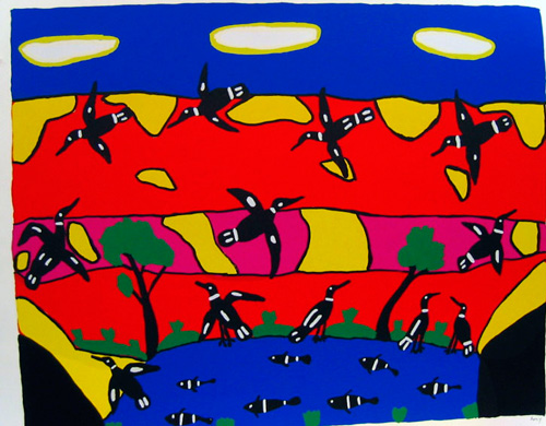 Amy Jirwulurr Johnson. <em>Busy Birds,</em> 2002. Silkscreen on paper, 51 x 65 cm. Wagga Wagga Art Gallery Collection.