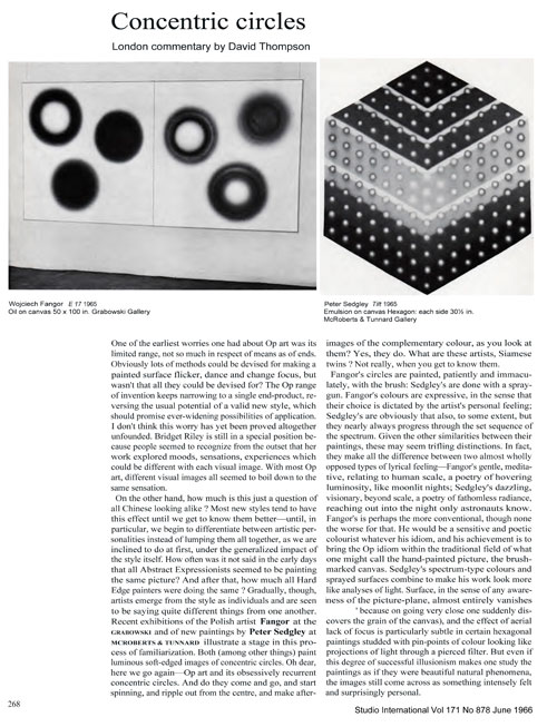 Image top left: Wojciech Fangor, E17, 1965. Oil on canvas, 50 x 100 in. Grabowski Gallery. Image top right: Peter Sedgley, Tilt, 1965. Emulsion on canvas, hexagon, each side 30.5 in. McRoberts & Tunnard Gallery. Image © Studio International, Vol 171 No 878, June 1966.