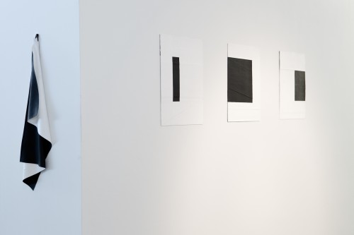 Deb Covell. Drape. Acrylic paint, 27 x 8cm; Submerged Square. Acrylic paint (1-3), 15 x 11cm each (total expanse 45cm). Photograph: Cathal Carey.