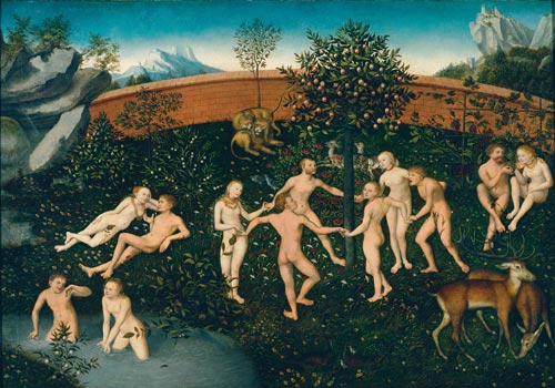 Lucas Cranach the Elder. <em>The Golden Age,</em> c. 1530. Oil and tempera on wood, transferred to a new panel, 73.5 x 105.5 cm. Bayerische Staatsgemaeldesammlungen, Munich, Alte Pinakothek