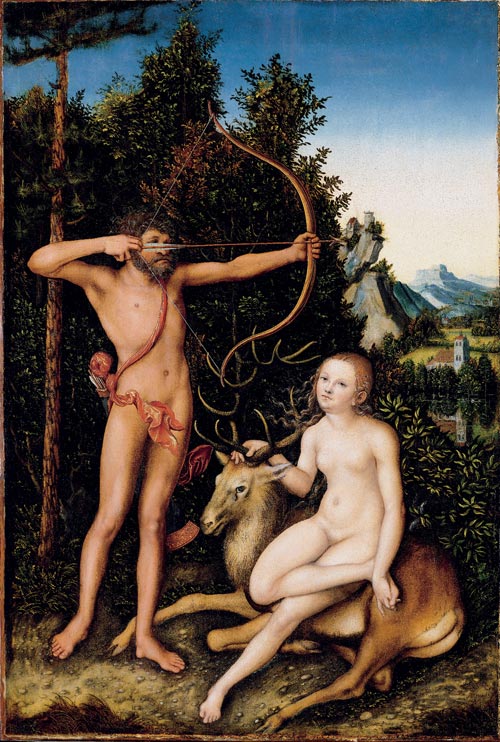Lucas Cranach the Elder. <em>Apollo and Diana,</em> c. 1526. Oil and tempera on beechwood, 84.6 x 57.2 cm. Her Majesty the Queen, The Royal Collection. Photo: The Royal Collection, 2007 