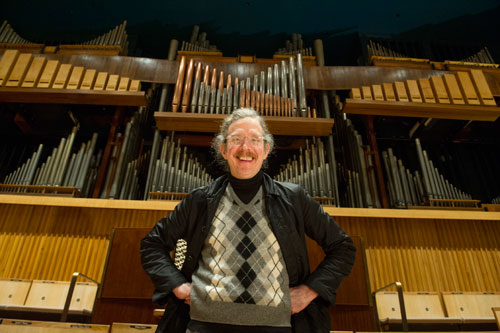 Martin Creed with the newly refurbished Royal Festival Hall Organ, 2014. Photograph © Alastair Muir.