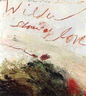 Cy Twombly. <em>Wilder Shores of Love (Bassano in Teverina),</em> 1985. Oil-based house paint, oil paint (paint stick), coloured pencil, lead pencil on wooden panel, 140 x 120 cm. Cy Twombly Collection © Cy Twombly