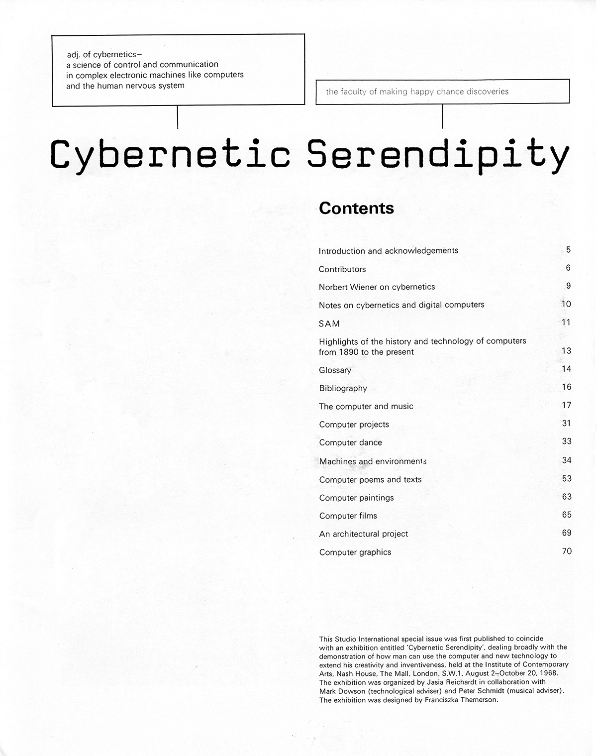 Cybernetic Serendipity: The Computer and the Arts, Studio International Special Issue, 1968, contents page.