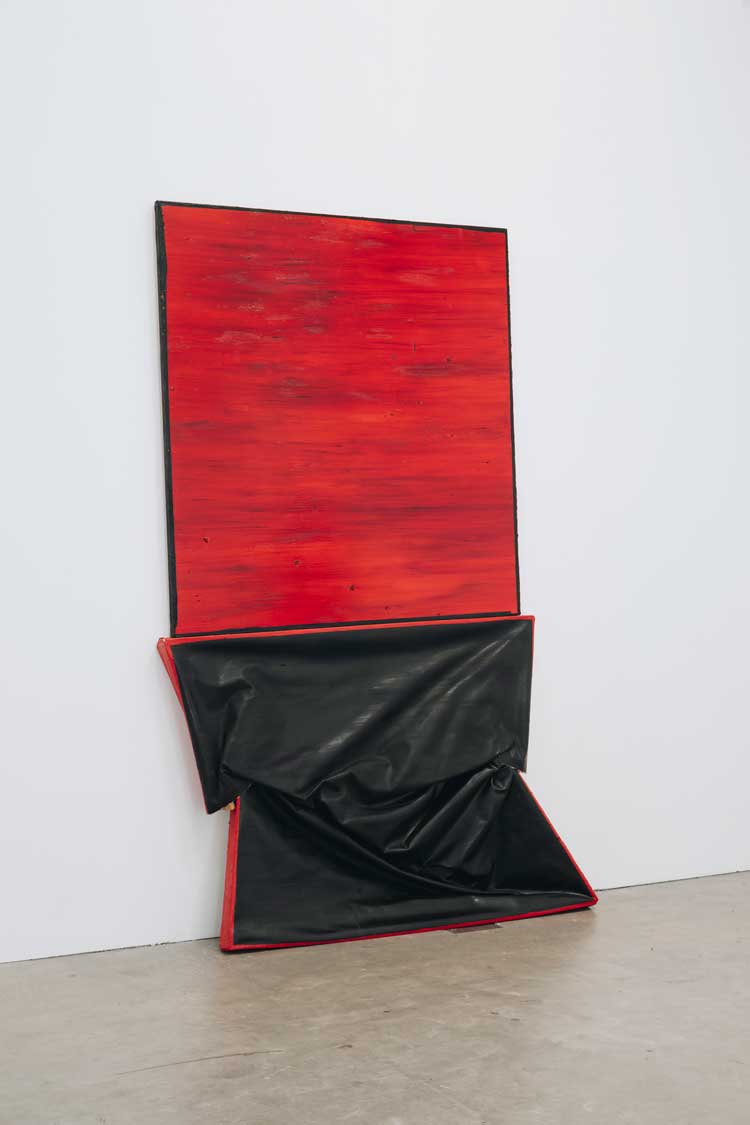 Angela de la Cruz, Reach (Red & Black) Two Parts, 2002. Installation view, UPRIGHT, Ikon Gallery, Birmingham, 2026. Image courtesy Ikon. Photo: Tom Bird.