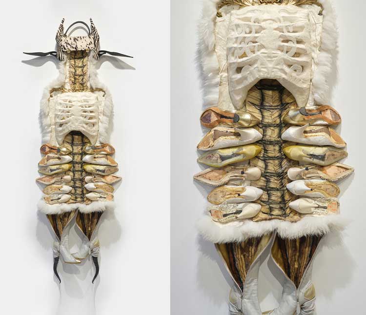 Anindita Dutta, Garden of Ripped Shoes - 01, 2025, used shoes, animal horn, purse, animal hide, hand stitched rib cage, used leather coat, 81 x 33 x 7 in.