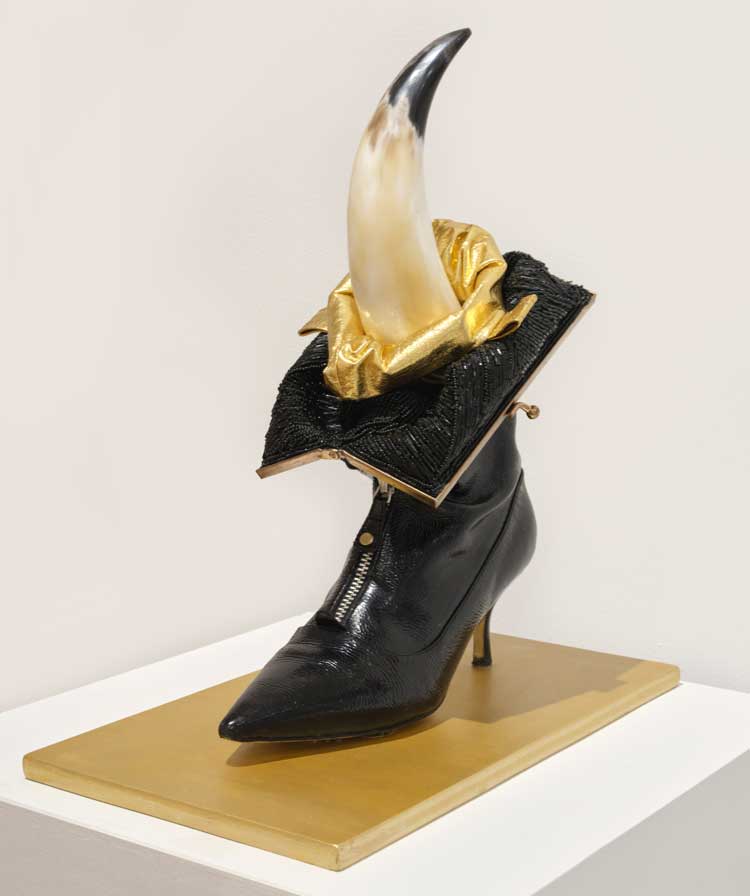Anindita Dutta, Sex, Sexuality, and Society – AUSTRALIA, 2023, used shoe, used clutch bags, animal horn, 14 ½ x 5 ½ x 10 ½ in.