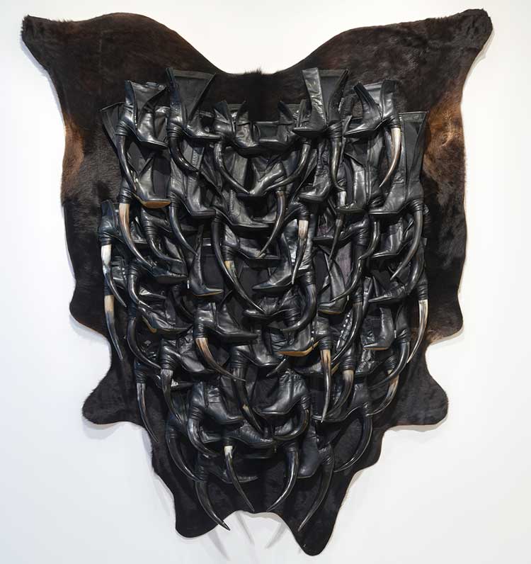 Anindita Dutta, Sex,Sexuality and Society - BOTSWANA, 2023, used shoes, animal horn, hide, 91 x 81 x 13 in.
